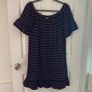 Hem & Thread Navy and Red Striped Off-Shoulder Dress